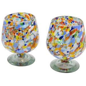 Set Of 2 Mexican Hand Blown Cognac Brandy Snifter Recycled Glass Confetti Mosaic